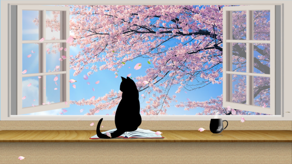 窓から桜を見るネコ-S